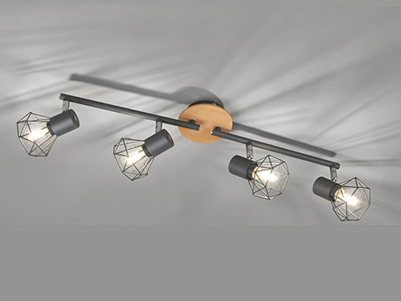 Fischer & Honsel Deckenstrahler RAN Grau / Holz 4flammig, Gitterlampe Schwenkbar, 60cm Lang