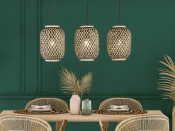 Fischer & Honsel Design Pendelleuchte HUMMEL 3 Flammig - Lampenschirme Mit Bambus Korbgeflecht
