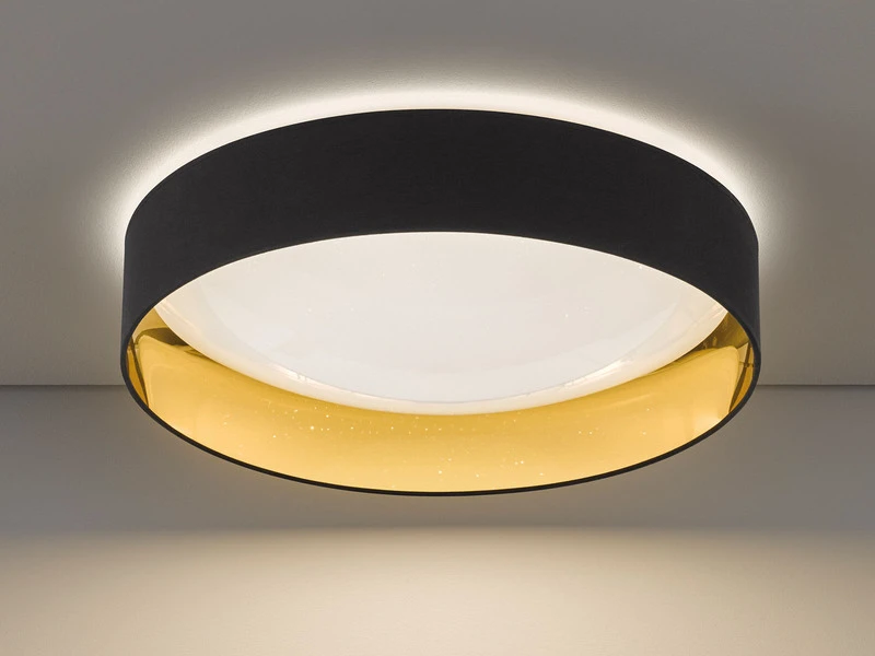 Fischer & Honsel LED Deckenleuchte SETE, Stoffschirm Schwarz Gold & Sternenhimmel Dimmbar, Ø 60cm
