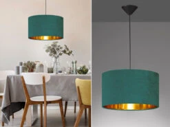 Fischer & Honsel Pendelleuchte AURA Mit Lampenschirm Samt Türkis - Innen Gold Ø 40cm