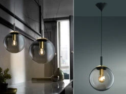 Fischer & Honsel Pendelleuchte DINI Einflammig Rauchglas Schwarz Mit Messing - Kugel Ø 25cm