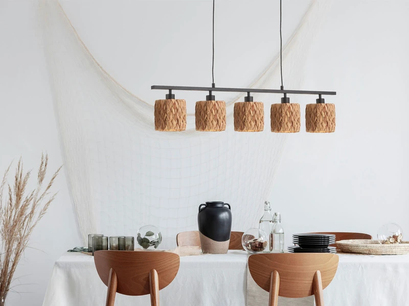 Fischer & Honsel Pendelleuchte HYAZINTHE 5 Flammig 100cm Lang Mit Lampenschirmen Aus Seegras