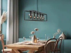 Fischer & Honsel Pendelleuchte ISKA 5 Flammig Schwarz Mit Rauchglas - Länge 95cm