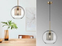 Fischer & Honsel Pendelleuchte JURA Mit Glaskugel Lampenschirm, Metall Messing, Ø 25cm