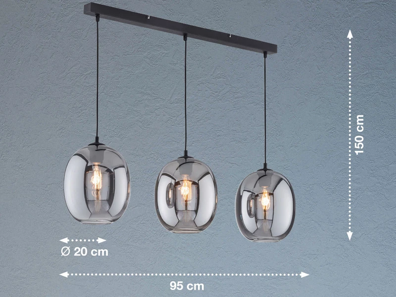 Fischer & Honsel Pendelleuchte NAYLA Industrial 3 Flammig Mit Rauchglas Glaskugeln - LĂ€nge 95cm â Bild 4