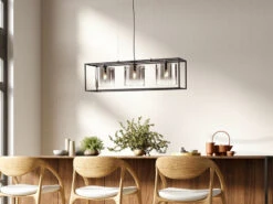 Fischer & Honsel Pendelleuchte SAMU 3 Flammig Schwarz Mit Rauchglas - LĂ€nge 90cm