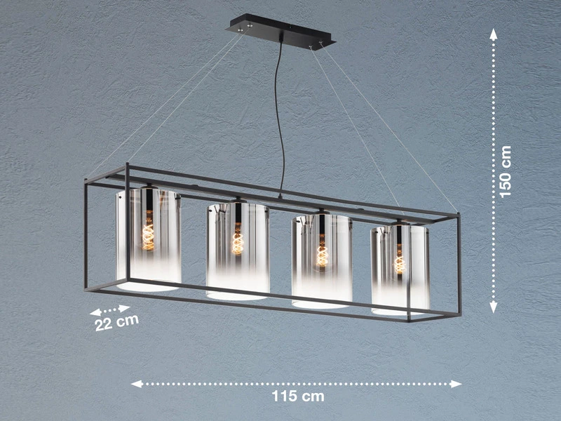 Fischer & Honsel Pendelleuchte SAMU 4 Flammig Schwarz Mit Rauchglas - Länge 115cm â Bild 4